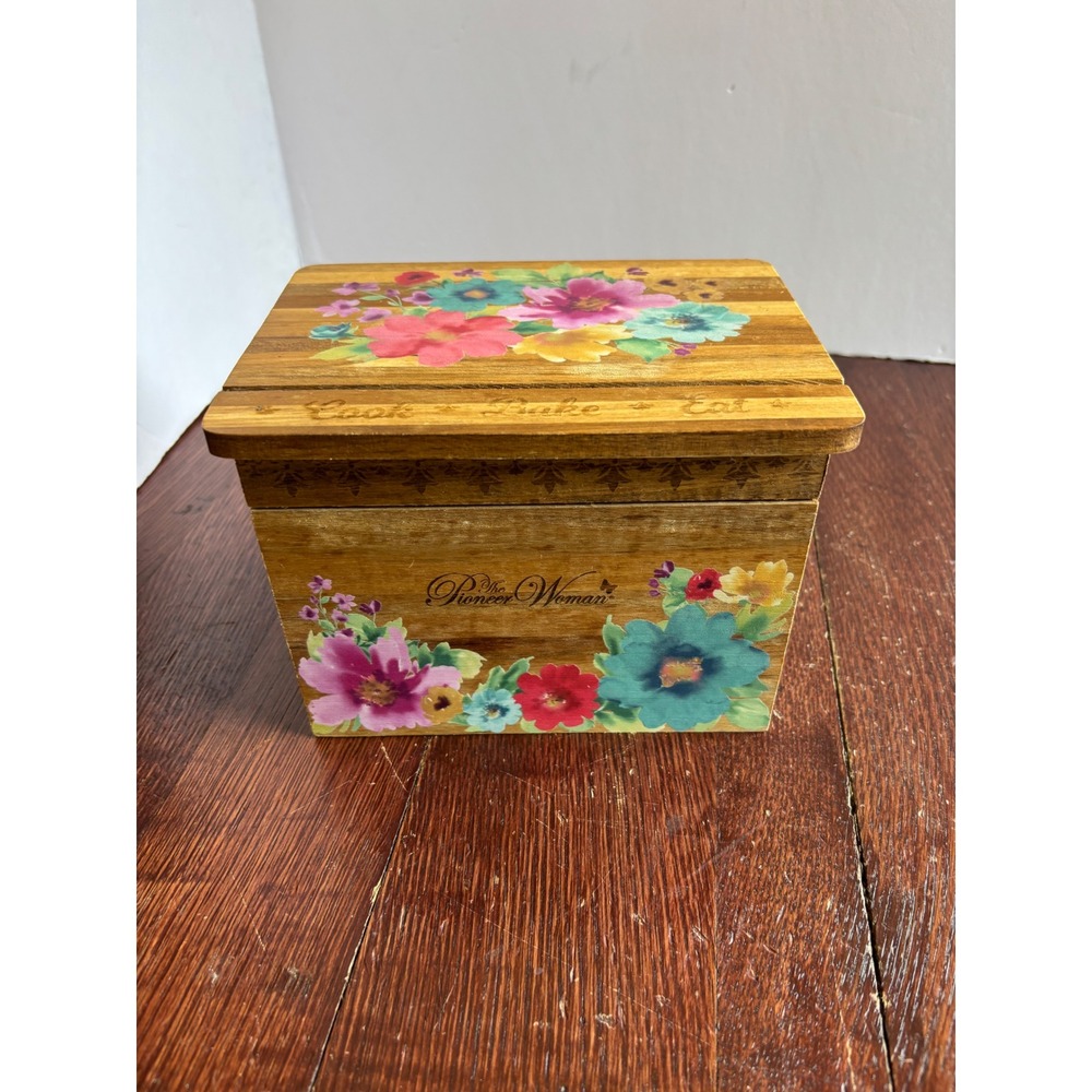 Pioneer Woman Acacia Wood Recipe Box Floral Cook Bake Eat with Cards